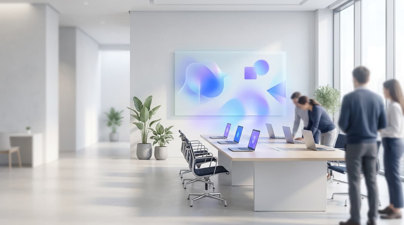 A bright modern training room with laptops and an abstract on-brand display