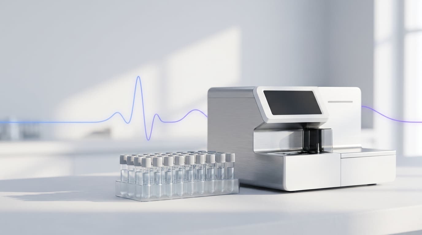A modern clinical chemistry analyzer beside a rack of specimen tubes