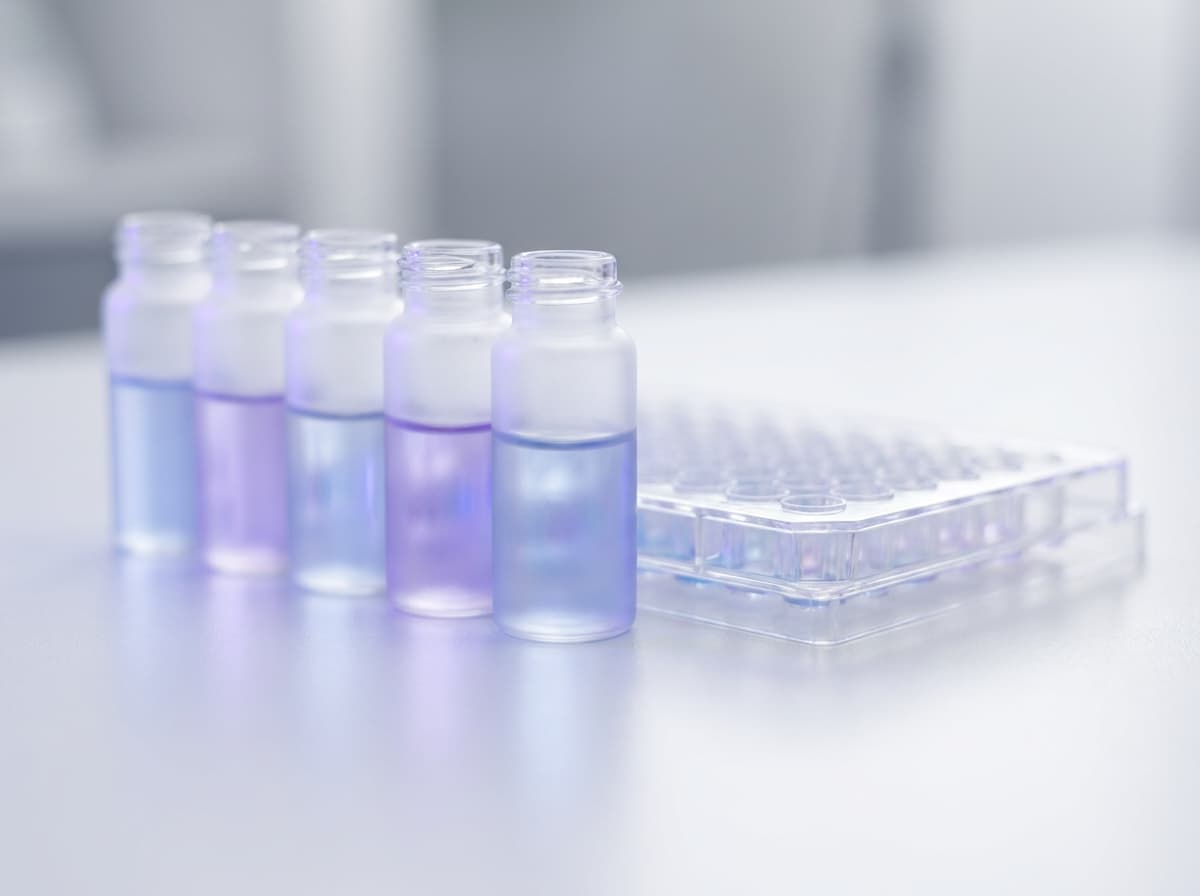 Macro view of labeled reagent vials and an assay tray under soft blue and purple light